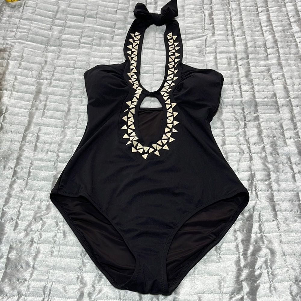 Trina Turk Black w/ Embellishments Halter 1-Piece Swimsuit Bathing Suit …